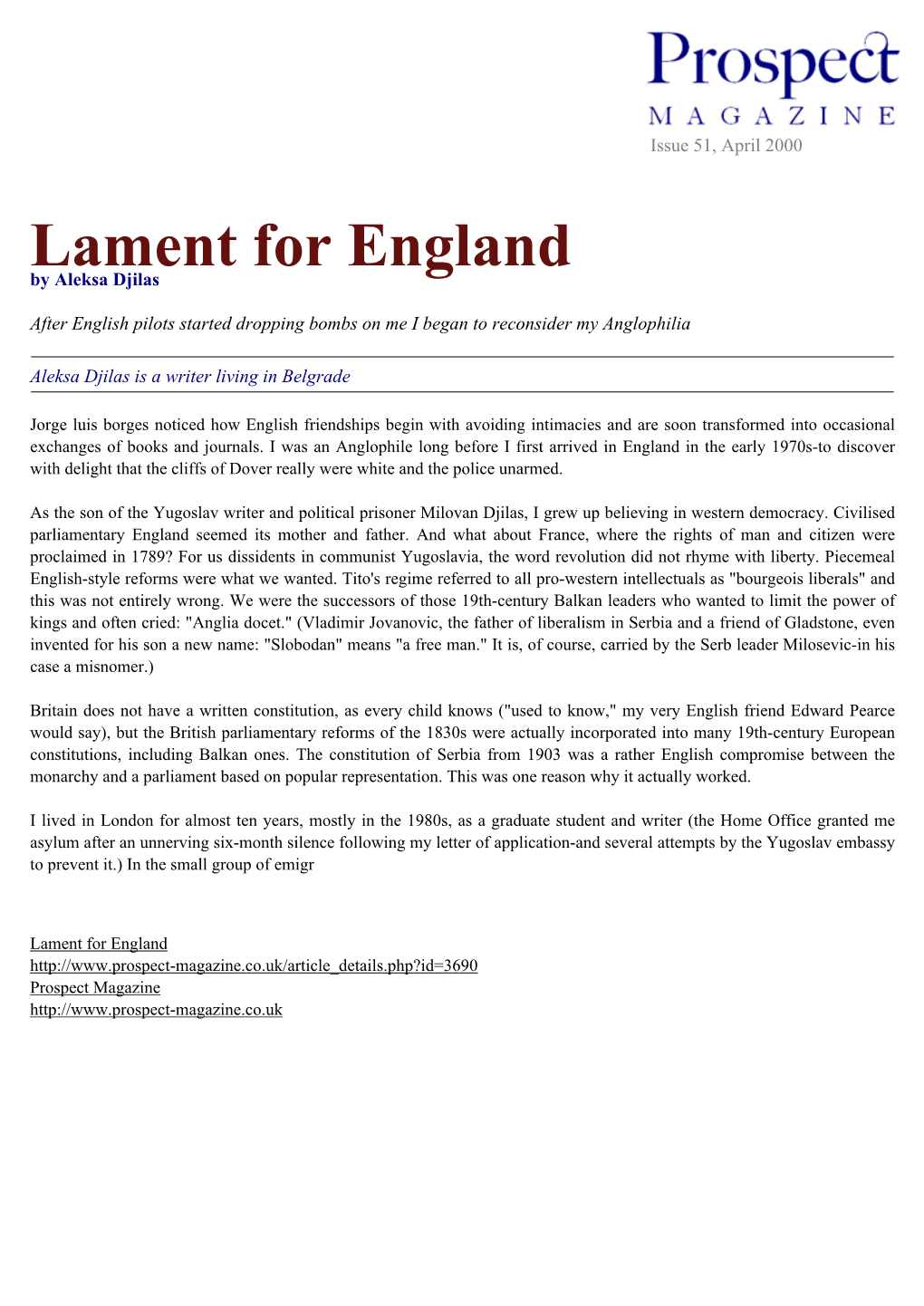 Lament for England by Aleksa Djilas