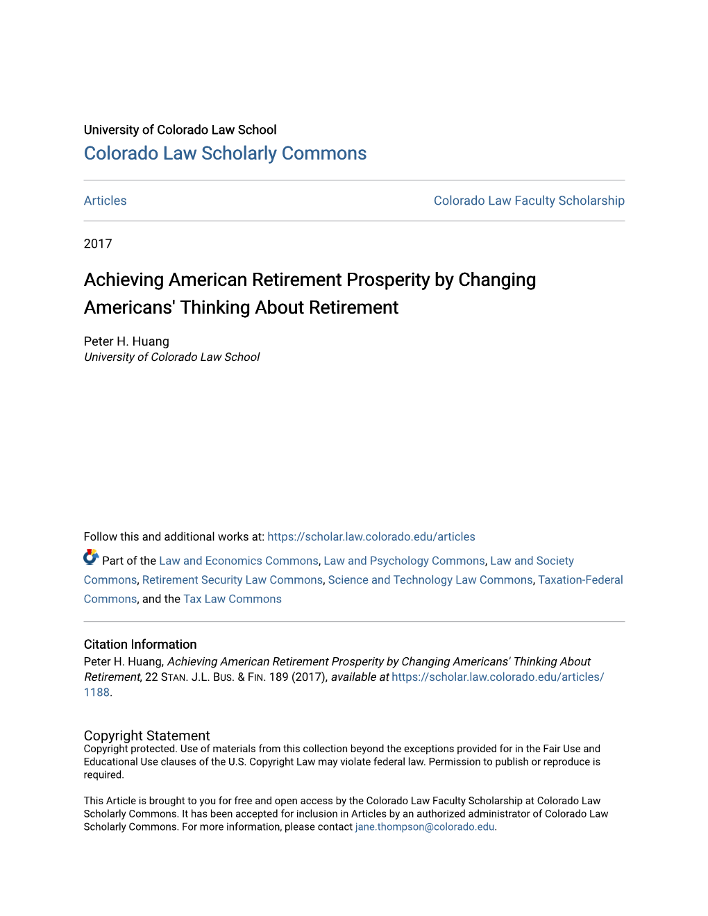 Achieving American Retirement Prosperity by Changing Americans' Thinking About Retirement