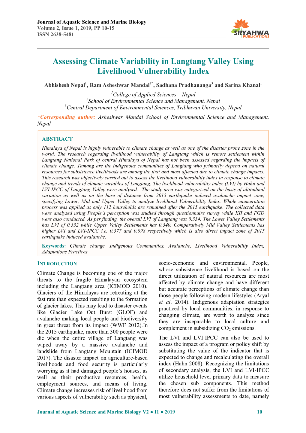 Assessing Climate Variability in Langtang Valley Using Livelihood Vulnerability Index