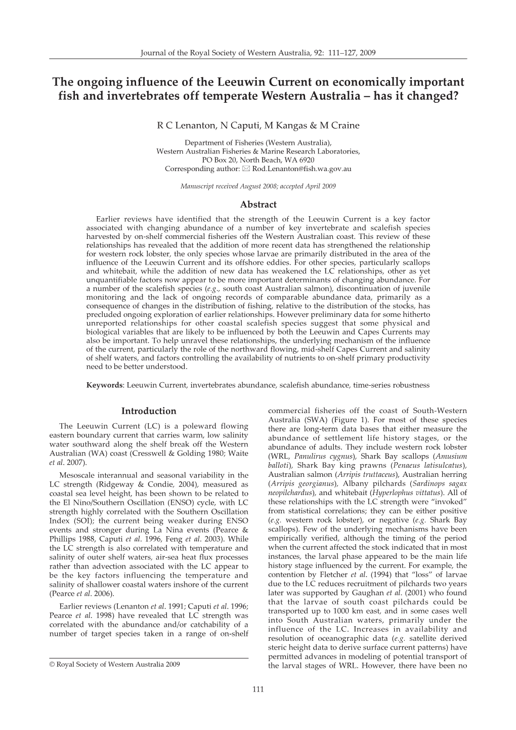 The Ongoing Influence of the Leeuwin Current on Economically Important Fish and Invertebrates Off Temperate Western Australia – Has It Changed?