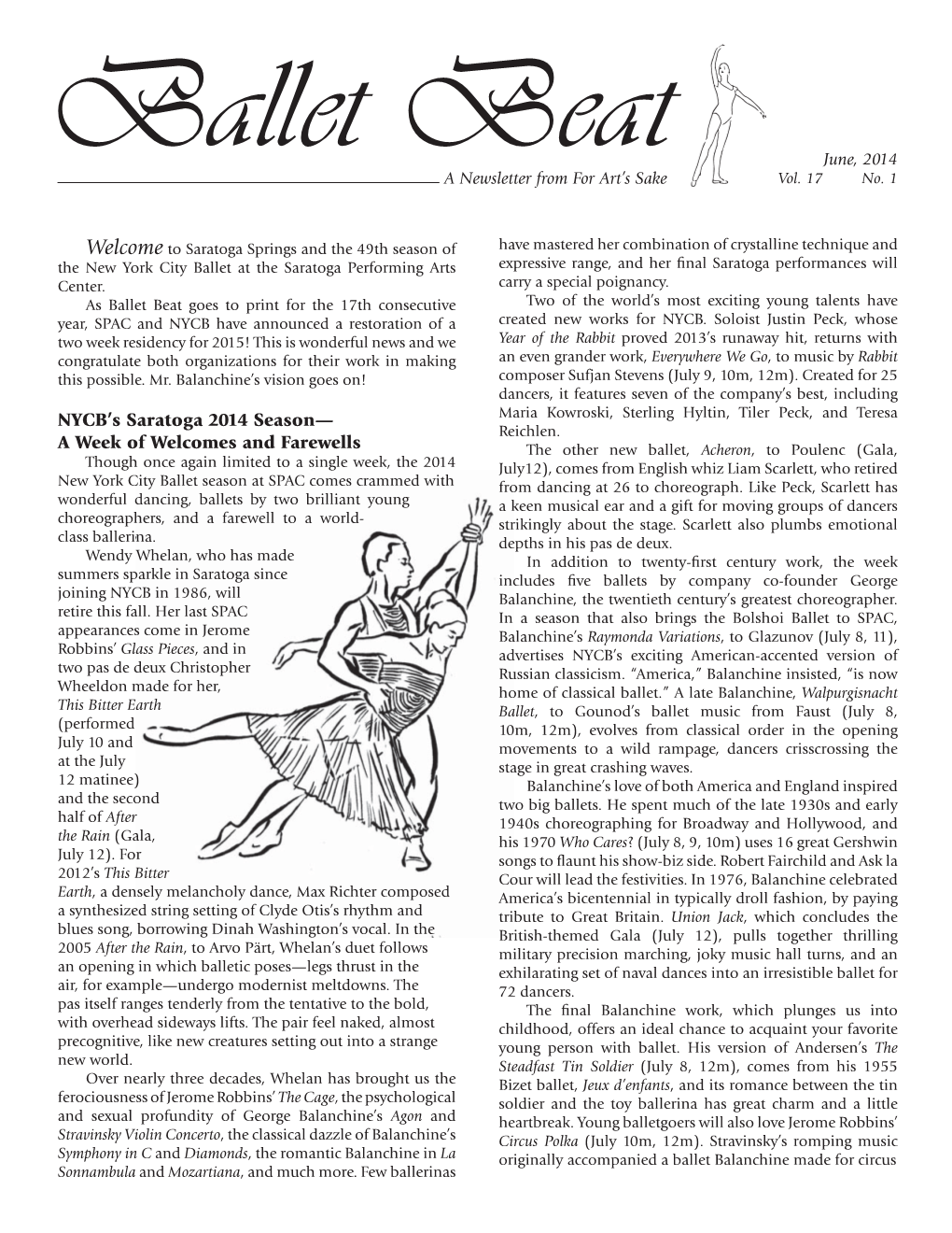 Ballet Beat June, 2014 a Newsletter from for Art’S Sake Vol