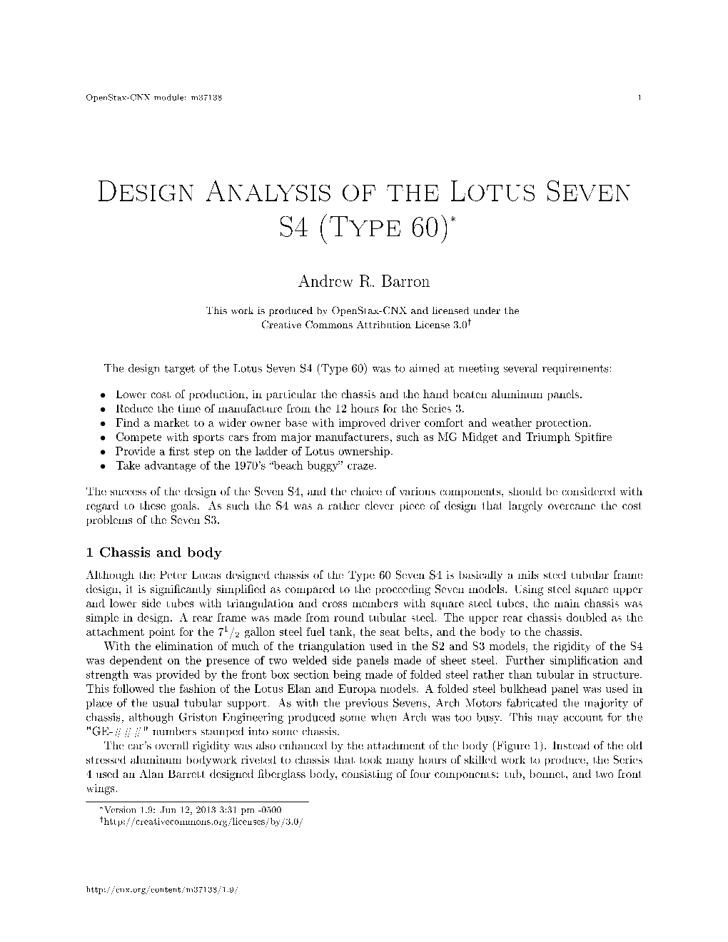 Design Analysis of the Lotus Seven S4 (Type 60)*