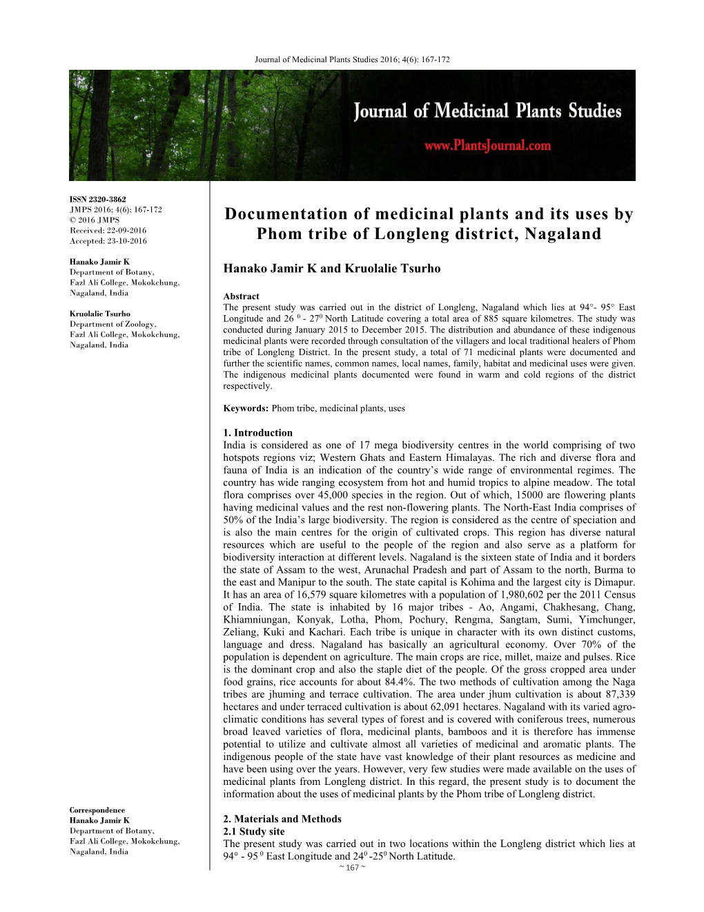 Documentation of Medicinal Plants and Its Uses by Phom Tribe Of