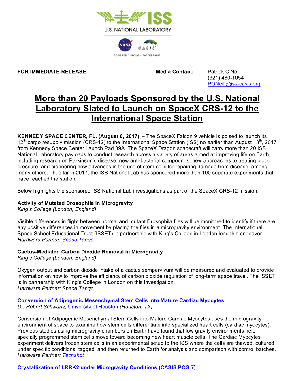 Than 20 Payloads Sponsored by the US National Laboratory Slated To