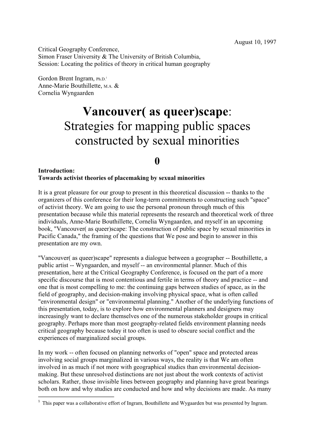 Vancouver( As Queer)Scape: Strategies for Mapping Public Spaces Constructed by Sexual Minorities