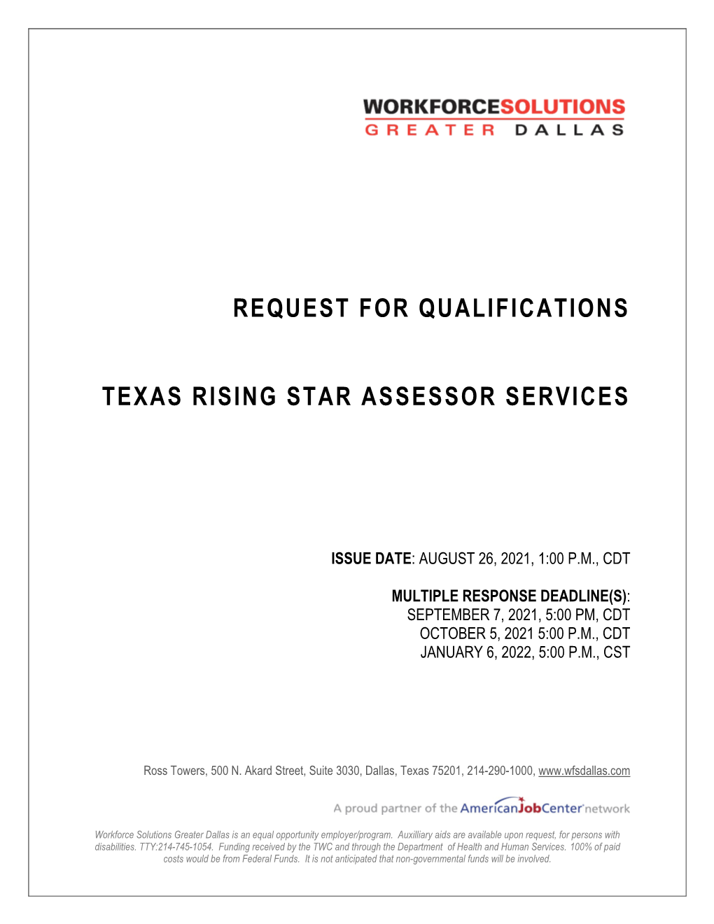 Request for Qualifications Texas Rising Star Assessor