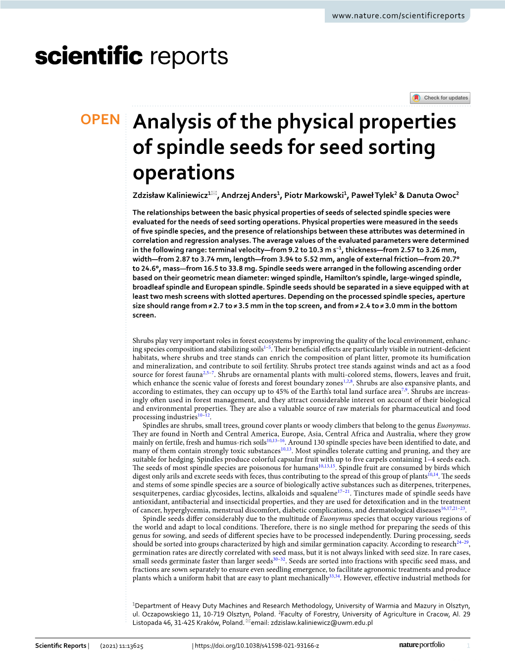 Analysis of the Physical Properties of Spindle Seeds for Seed Sorting Operations