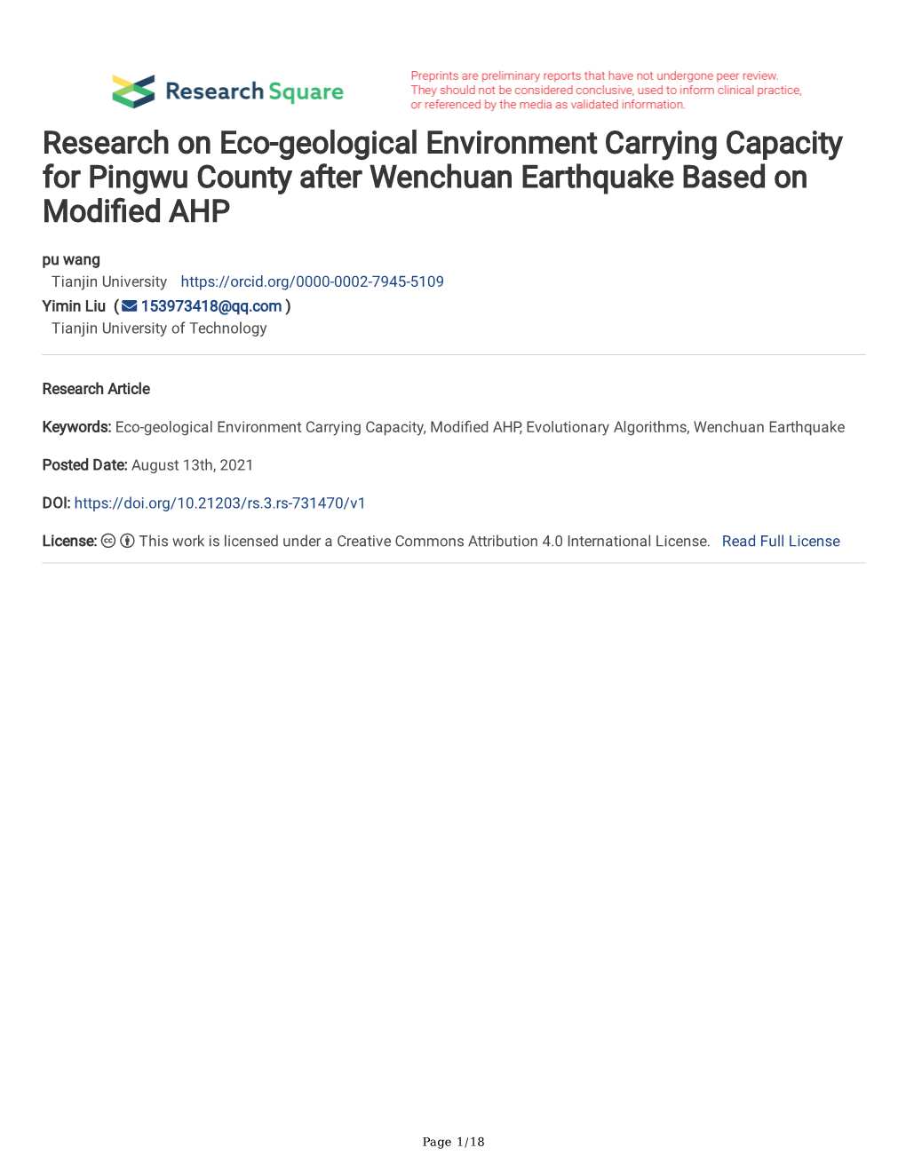 Research on Eco-Geological Environment Carrying Capacity For