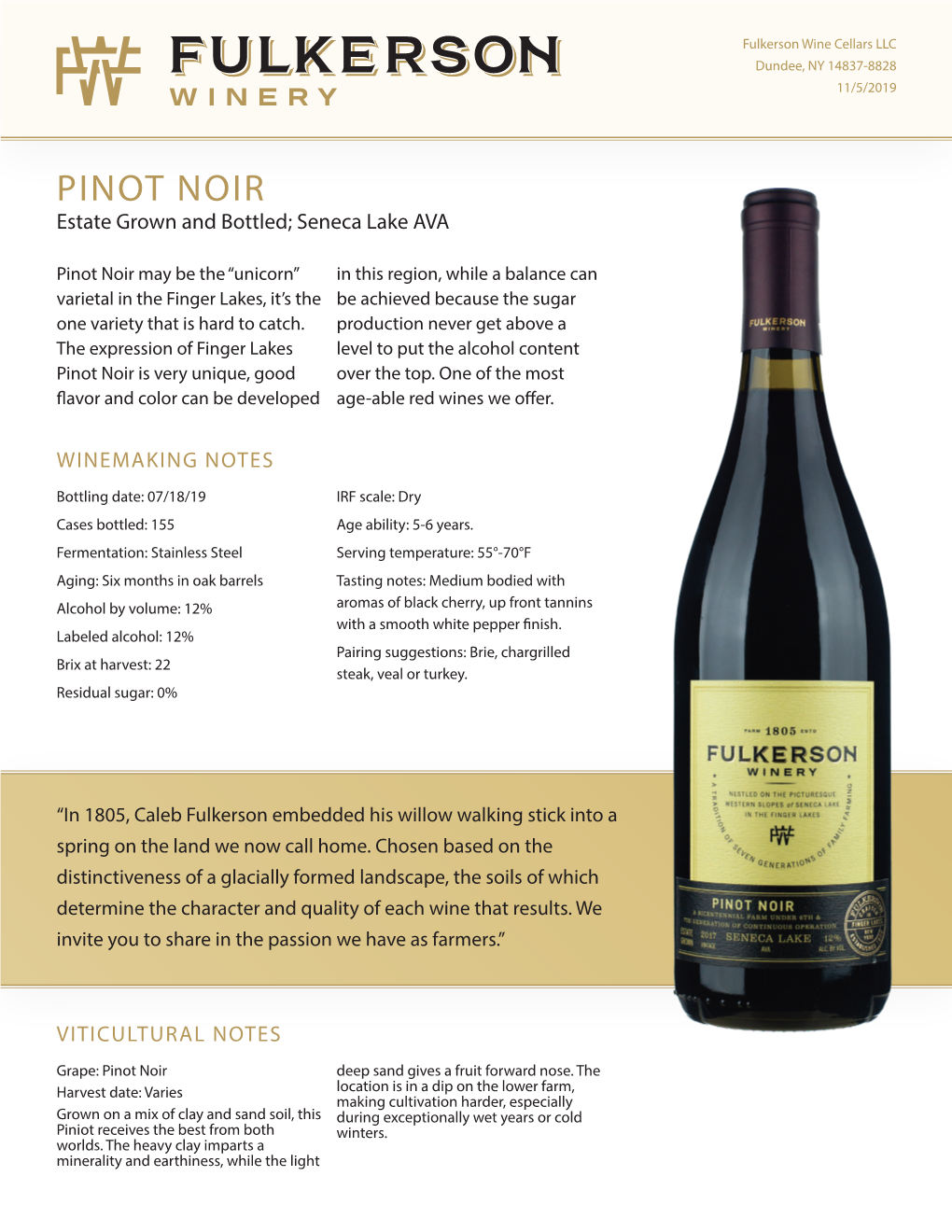 PINOT NOIR Estate Grown and Bottled; Seneca Lake AVA