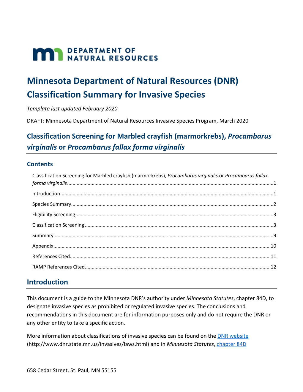 Draft Invasive Species Classification Screening
