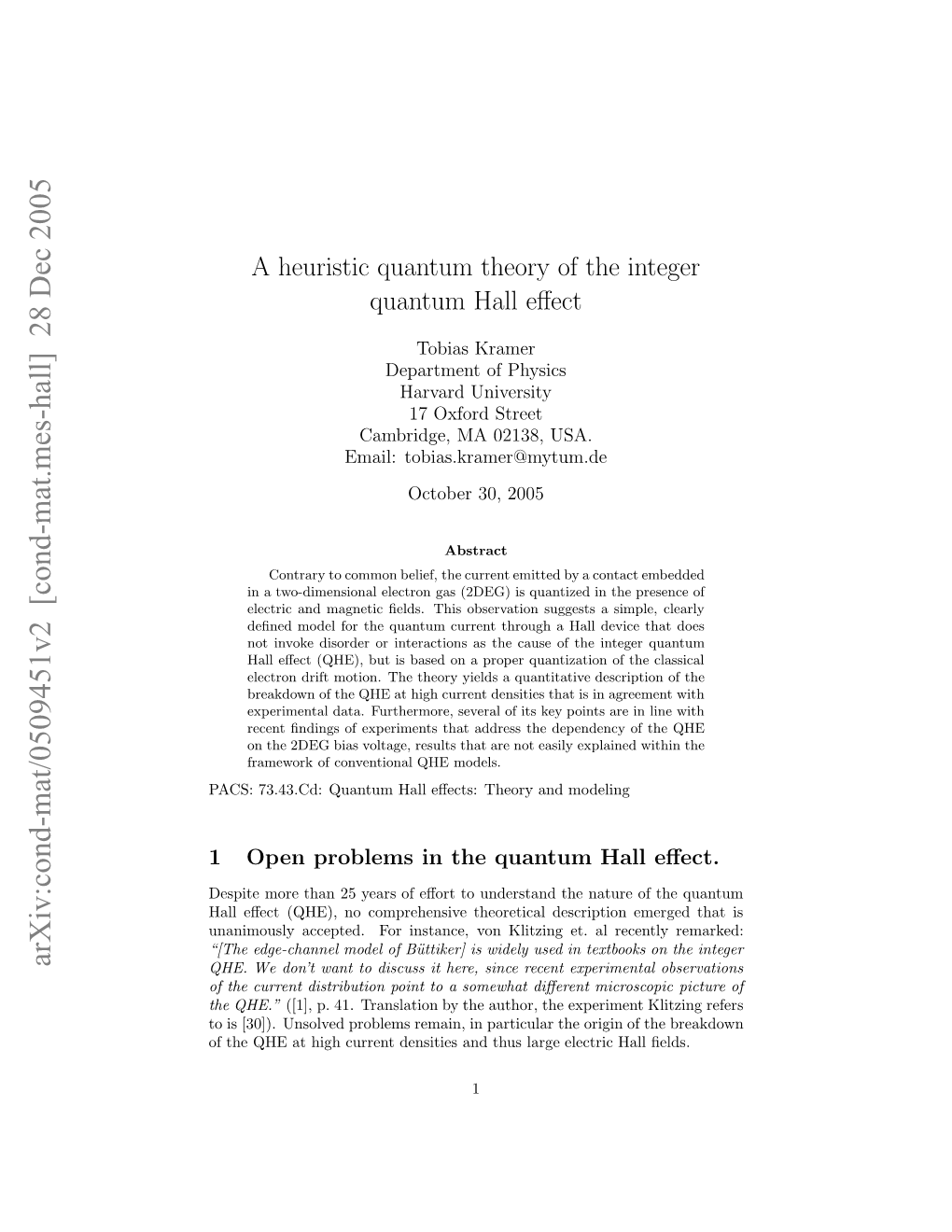 A Heuristic Quantum Theory of the Integer Quantum Hall Effect