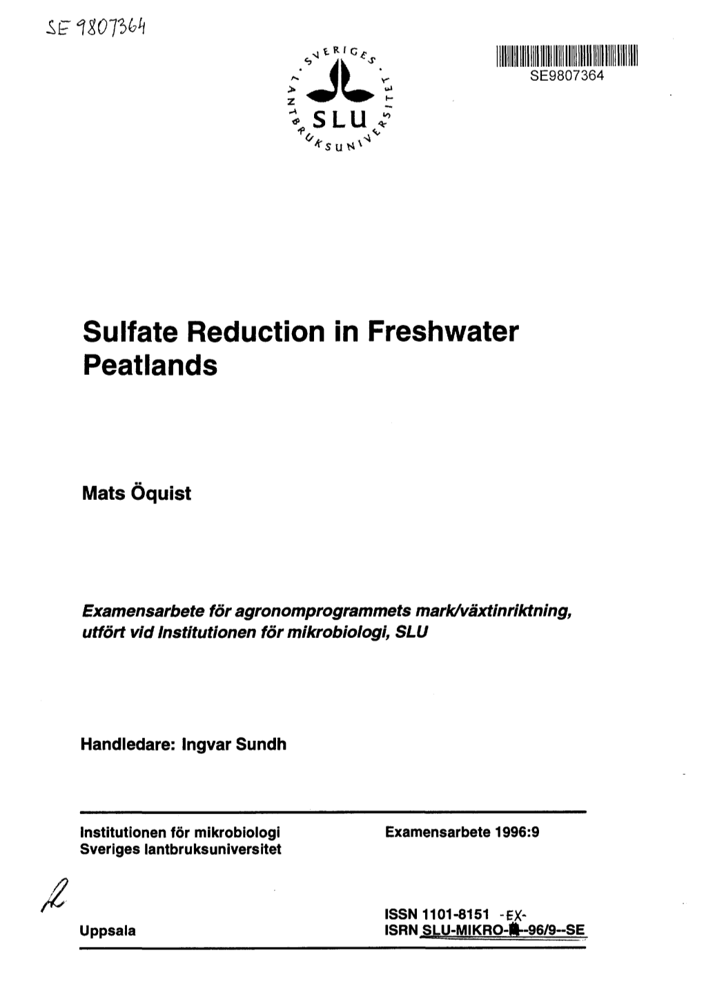 VSLU Sulfate Reduction in Freshwater Peatlands