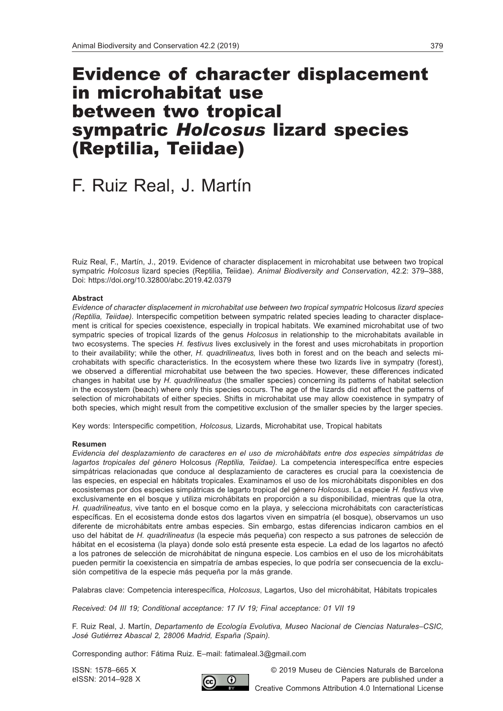 Evidence of Character Displacement in Microhabitat Use Between Two Tropical Sympatric Holcosus Lizard Species (Reptilia, Teiidae)