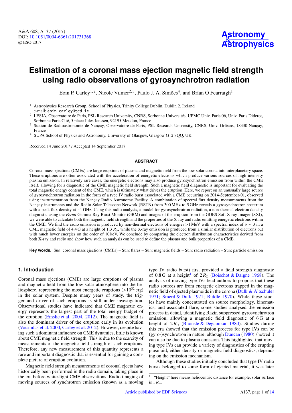 Estimation of a Coronal Mass Ejection Magnetic Field Strength Using Radio