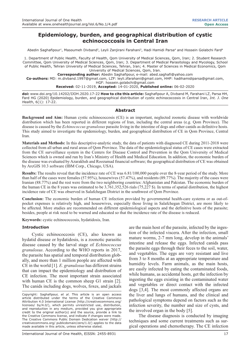 Epidemiology, Burden, and Geographical Distribution of Cystic Echinococcosis in Central Iran