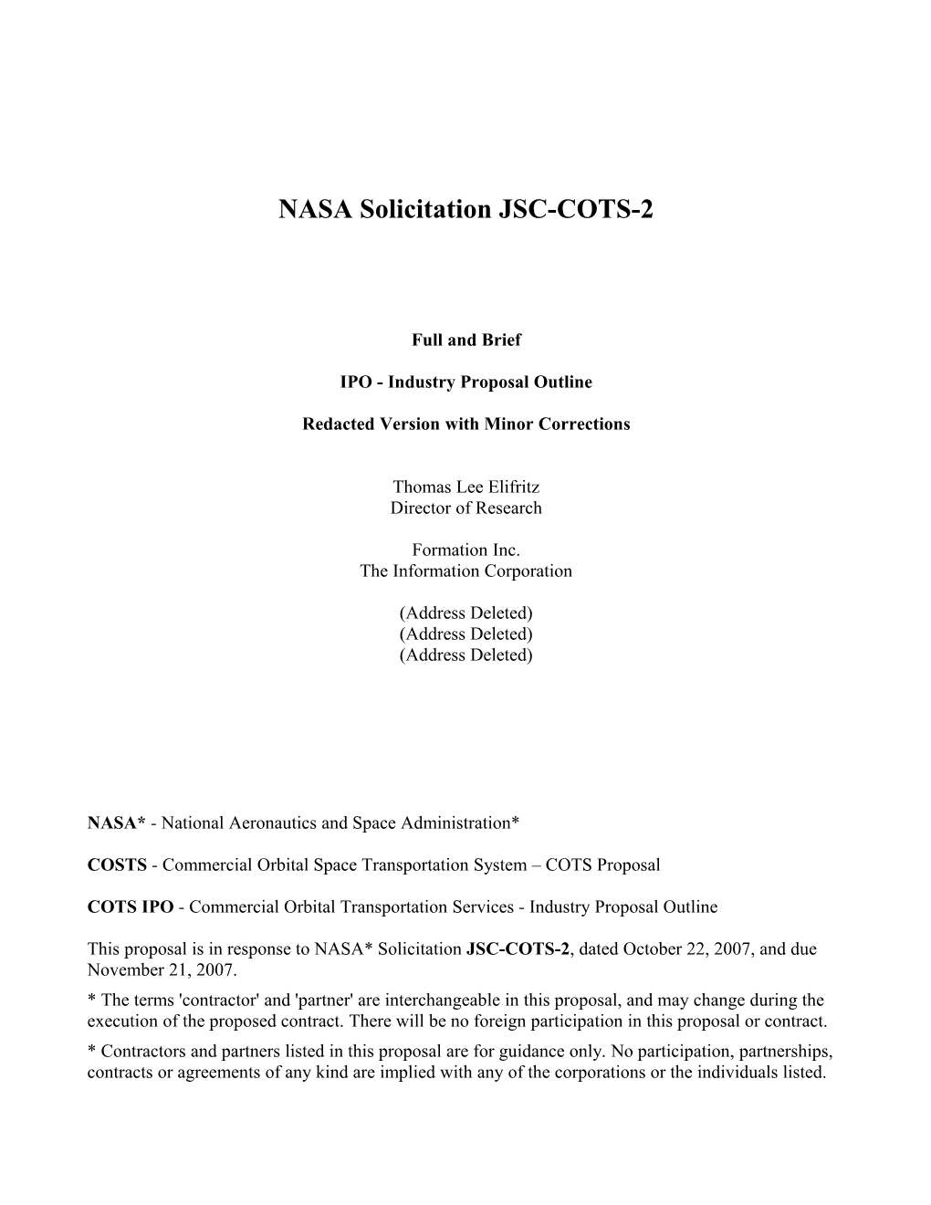 NASA Solicitation JSC-COTS-2 (Pdf, 169K)