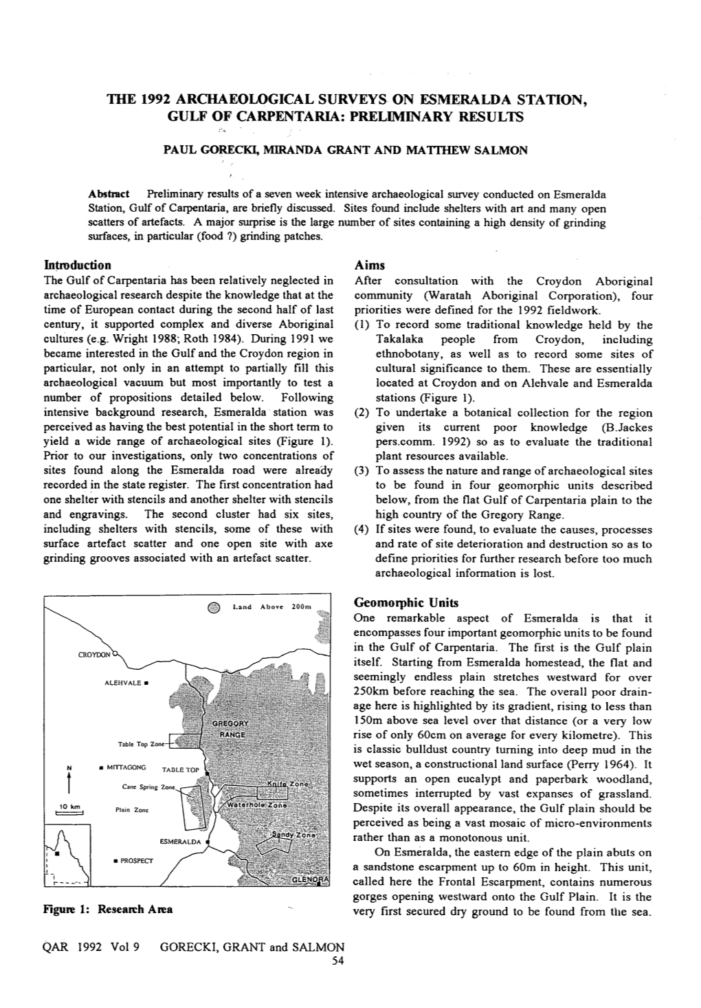 The 1992 Archaeological Surveys on Esmeralda Station, Gulf of Carpentaria: Preliminary Results