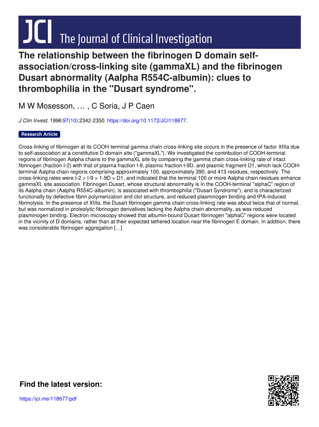 And the Fibrinogen Dusart Abnormality (Aalpha R554C-Albumin): Clues to Thrombophilia in the "Dusart Syndrome"