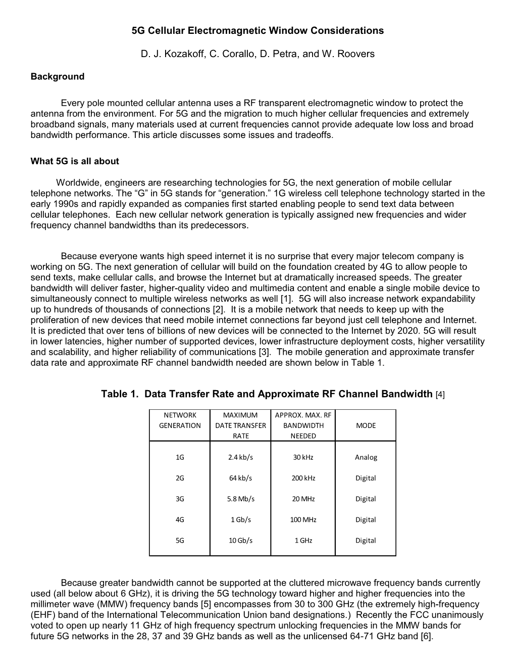 5G Cellular Electromagnetic Window Considerations D. J. Kozakoff, C