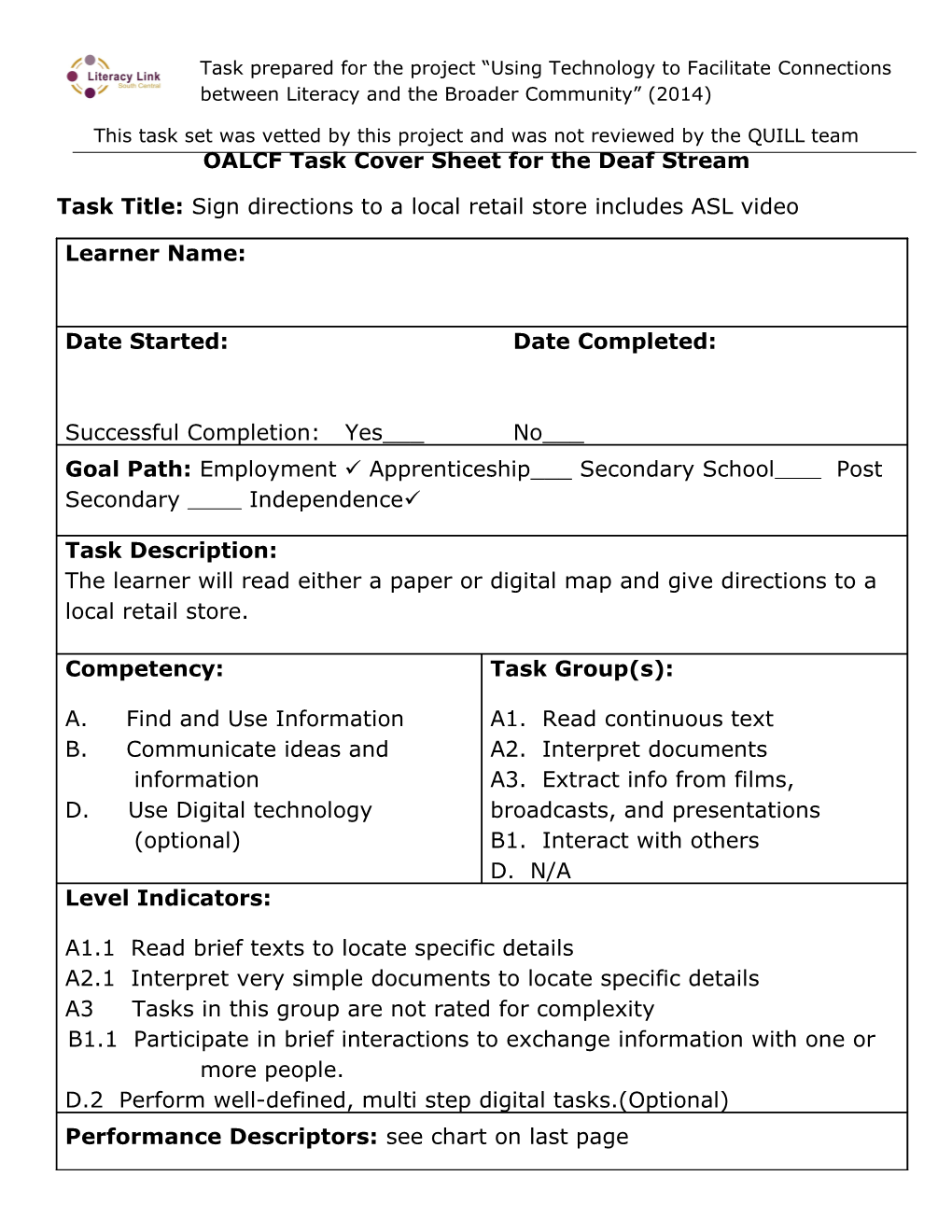 OALCF Task Cover Sheet for the Deaf Stream