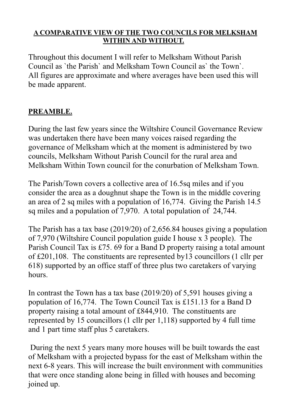 Throughout This Document I Will Refer to Melksham Without Parish Council As `The Parish` and Melksham Town Council As` the Town`