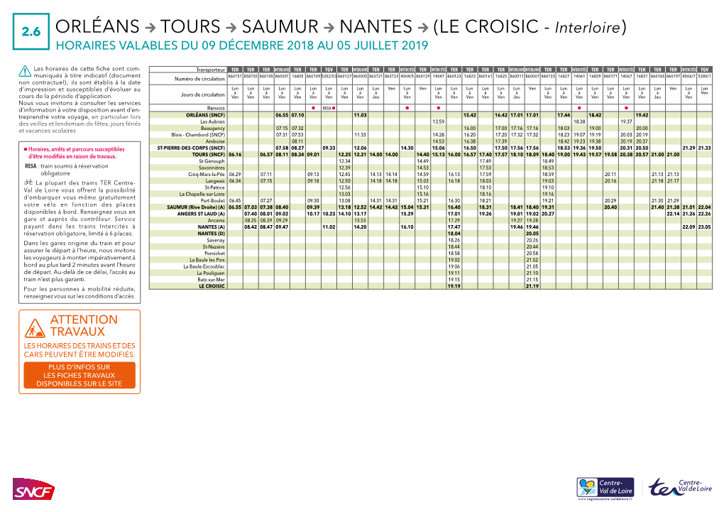 2.6 ORLÉANS TOURS SAUMUR NANTES (LE CROISIC - Interloire) HORAIRES VALABLES DU 09 DÉCEMBRE 2018 AU 05 JUILLET 2019