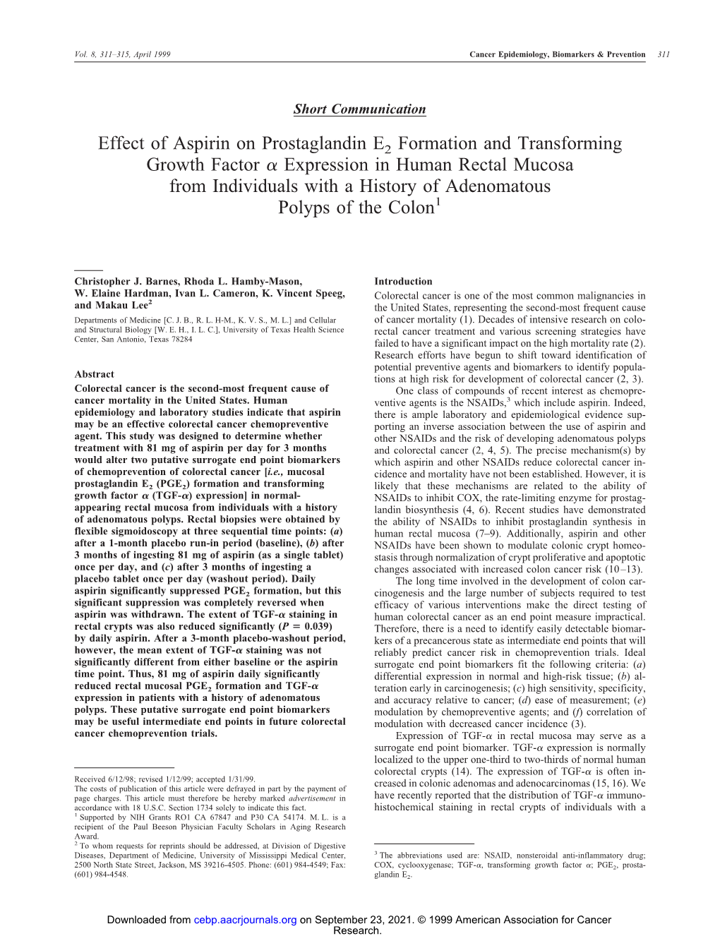 Effect of Aspirin on Prostaglandin E2 Formation and Transforming