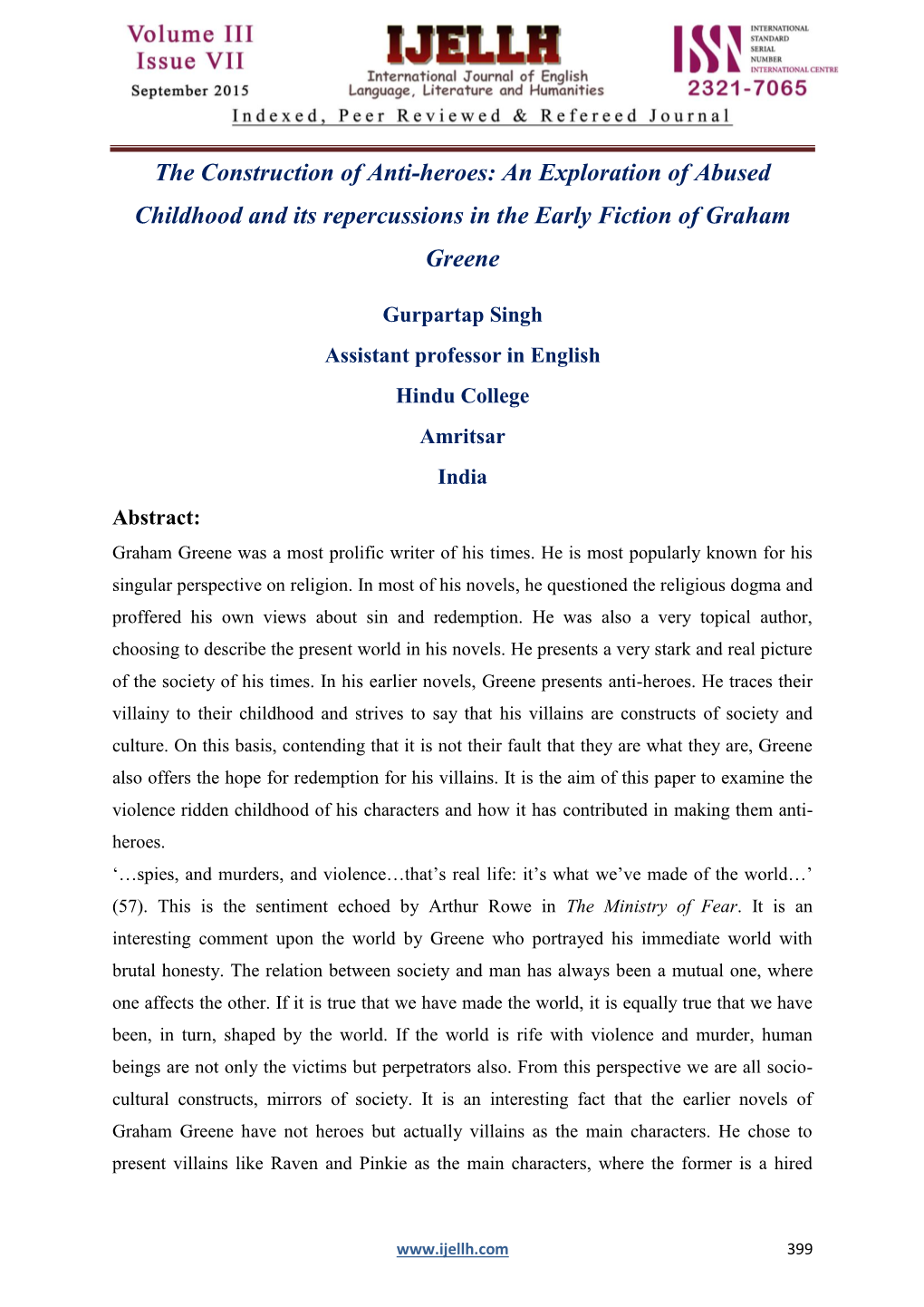 An Exploration of Abused Childhood and Its Repercussions in the Early Fiction of Graham Greene