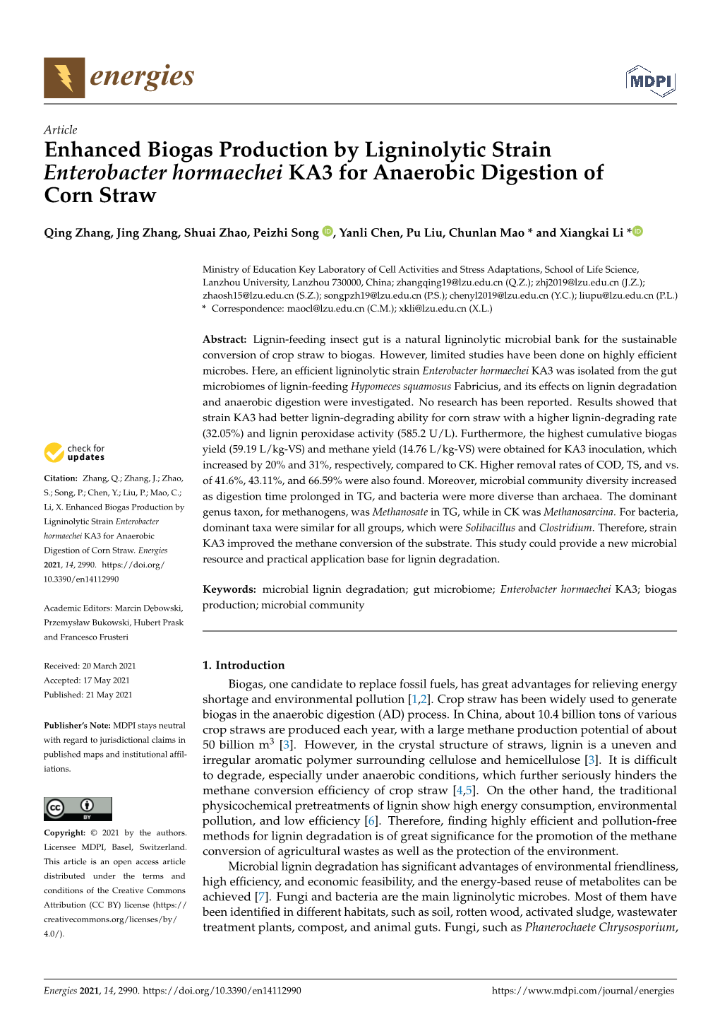 Enhanced Biogas Production by Ligninolytic Strain Enterobacter Hormaechei KA3 for Anaerobic Digestion of Corn Straw