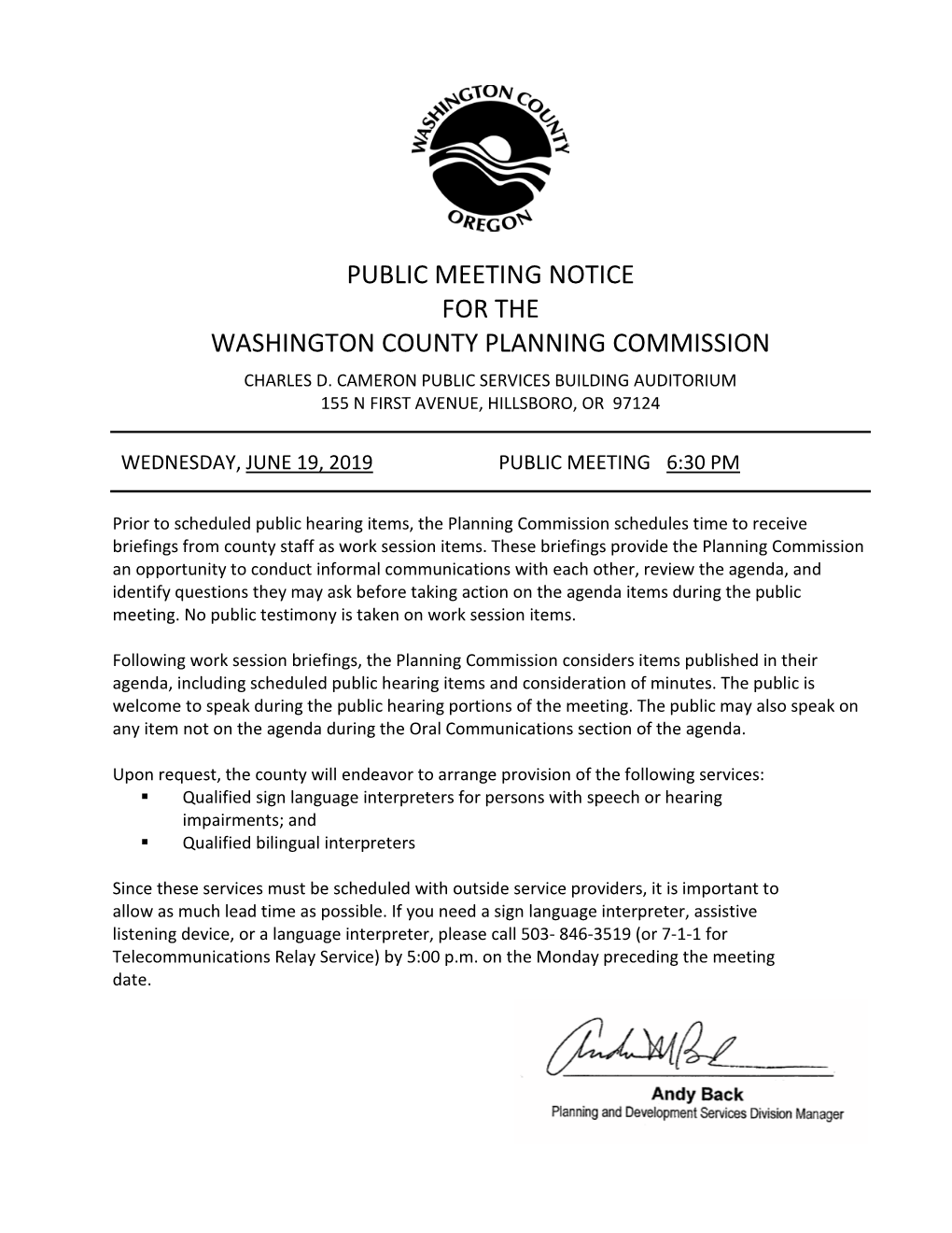 Public Meeting Notice for the Washington County Planning Commission Charles D