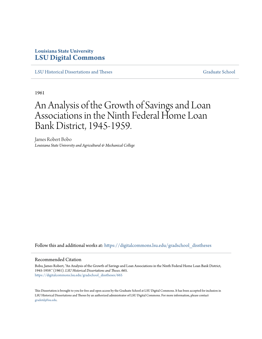An Analysis of the Growth of Savings and Loan Associations in the Ninth Federal Home Loan Bank District, 1945-1959