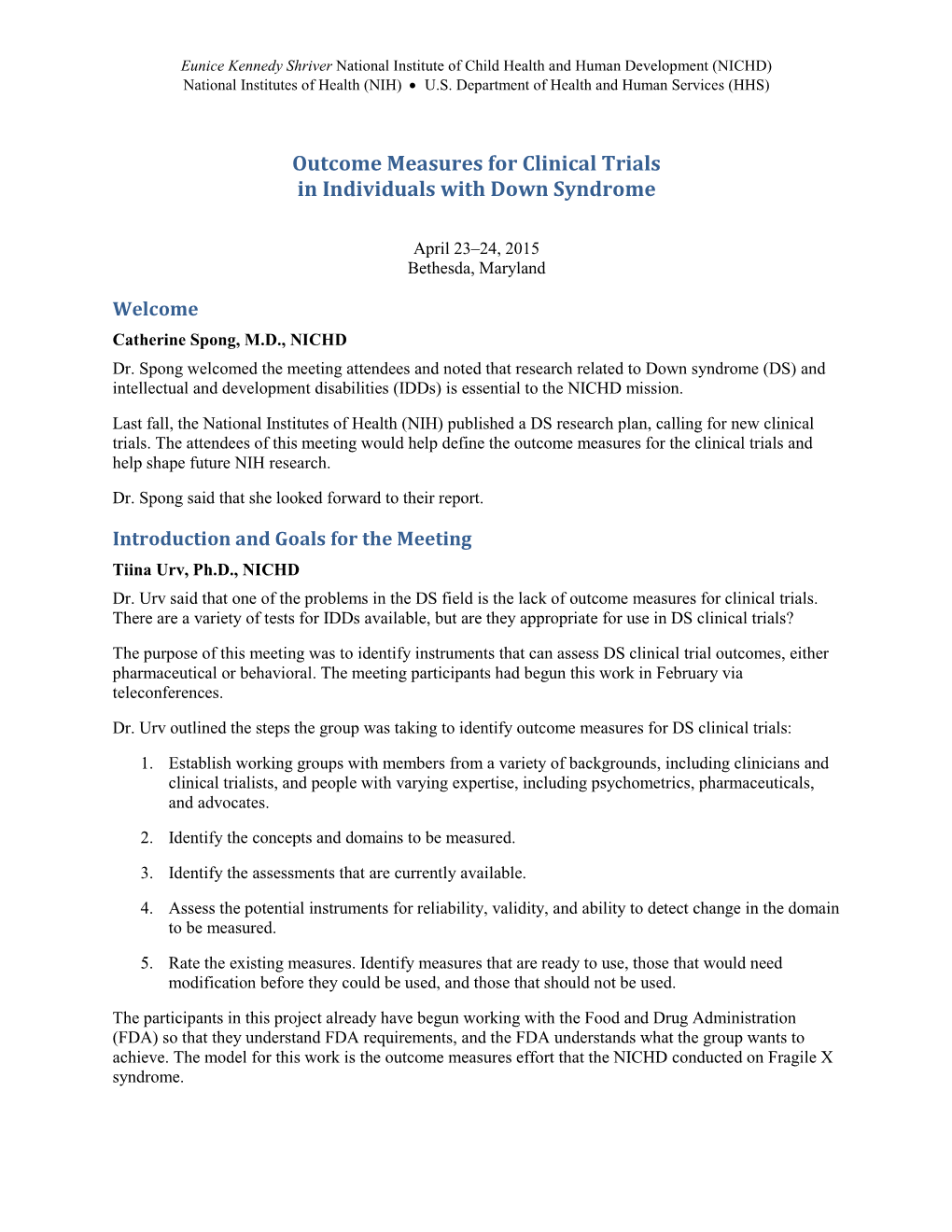 Meeting Summary: Outcome Measures for Clinical Trials in Individuals with Down Syndrome