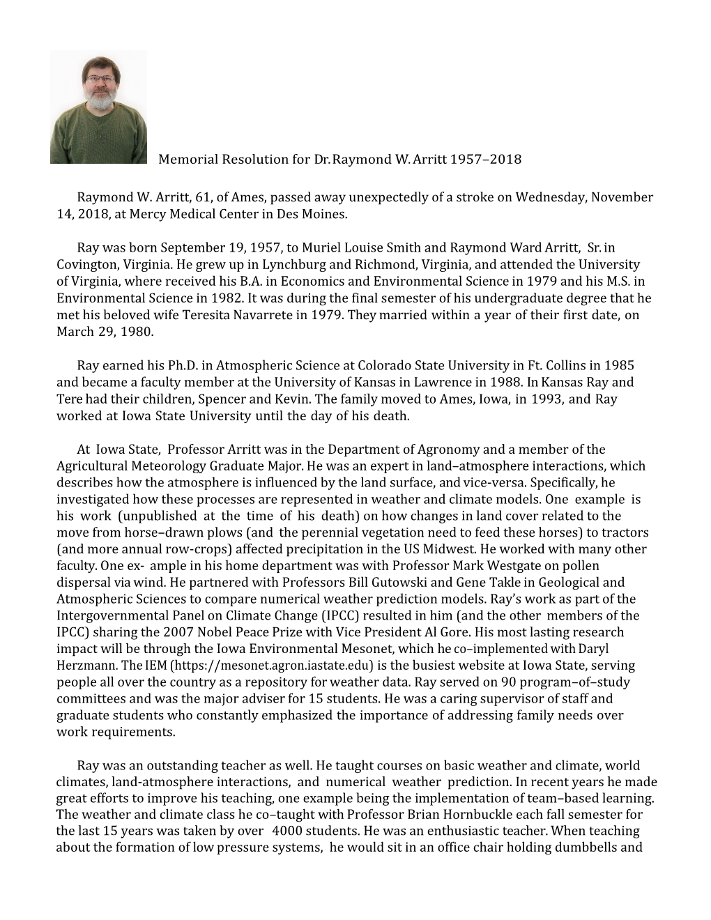Memorial Resolution for Dr. Raymond W. Arritt 1957–2018