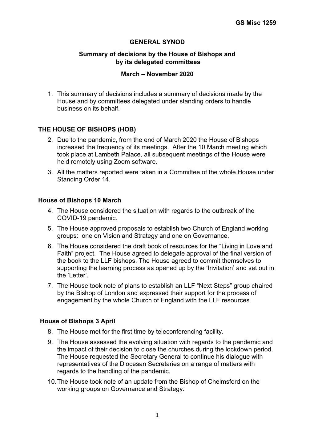 GS Misc 1259 GENERAL SYNOD Summary of Decisions by the House of Bishops and by Its Delegated Committees March