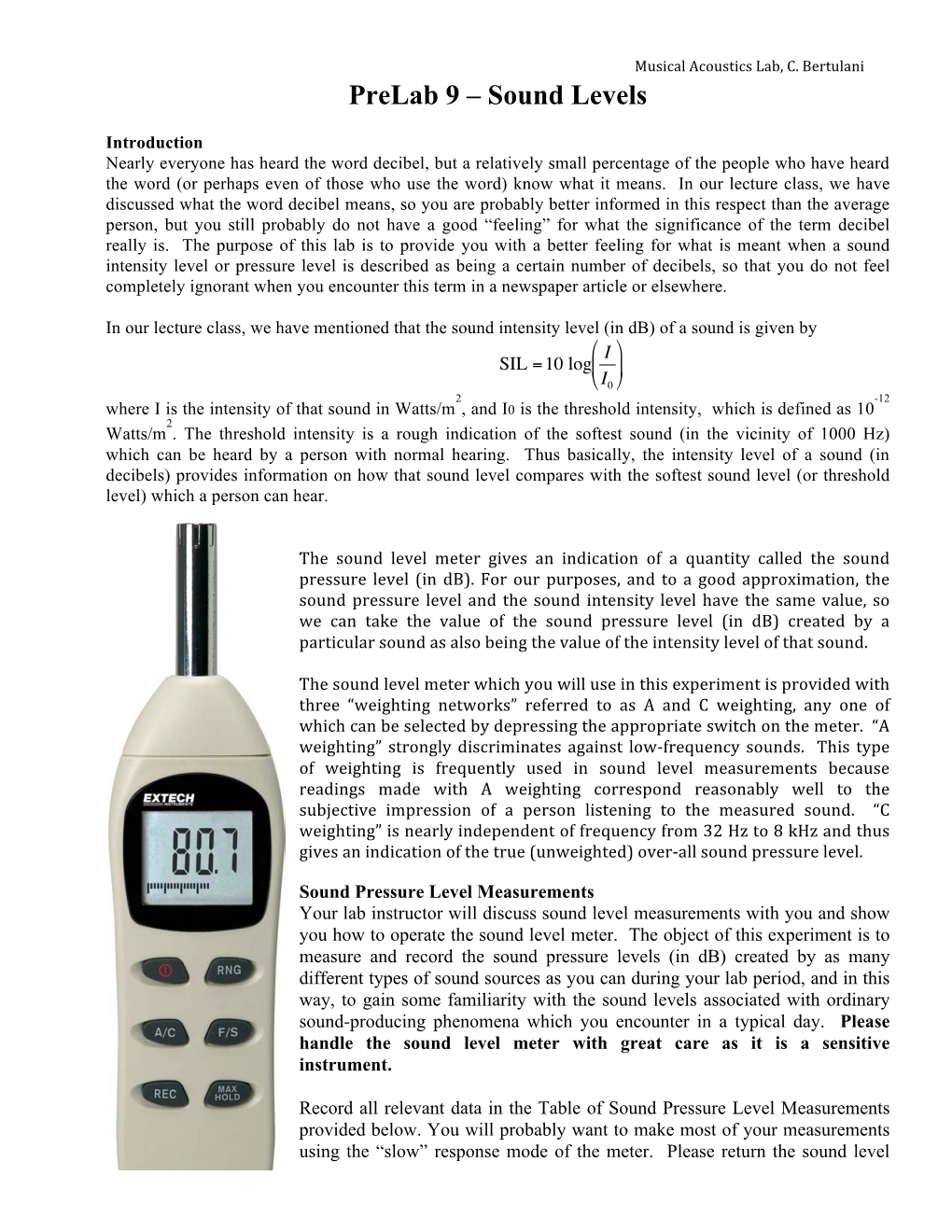 Prelab 9 – Sound Levels