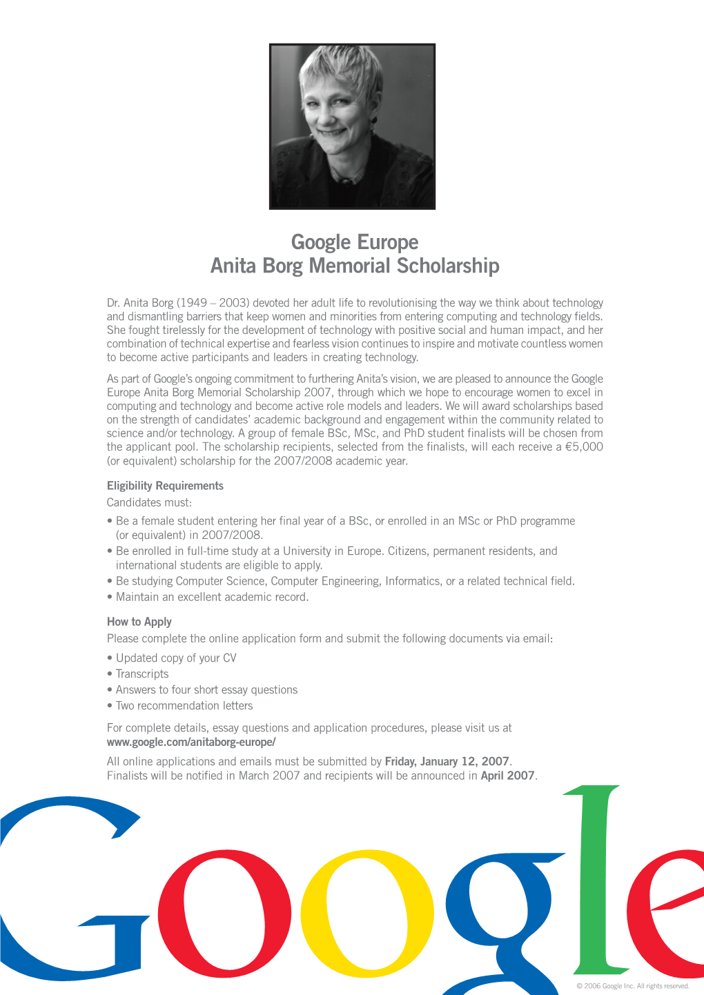 Google Europe Anita Borg Memorial Scholarship