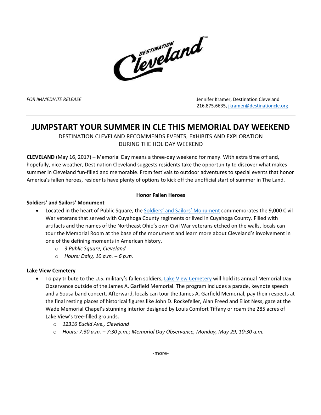 Jumpstart Your Summer in Cle This Memorial Day Weekend Destination Cleveland Recommends Events, Exhibits and Exploration During the Holiday Weekend