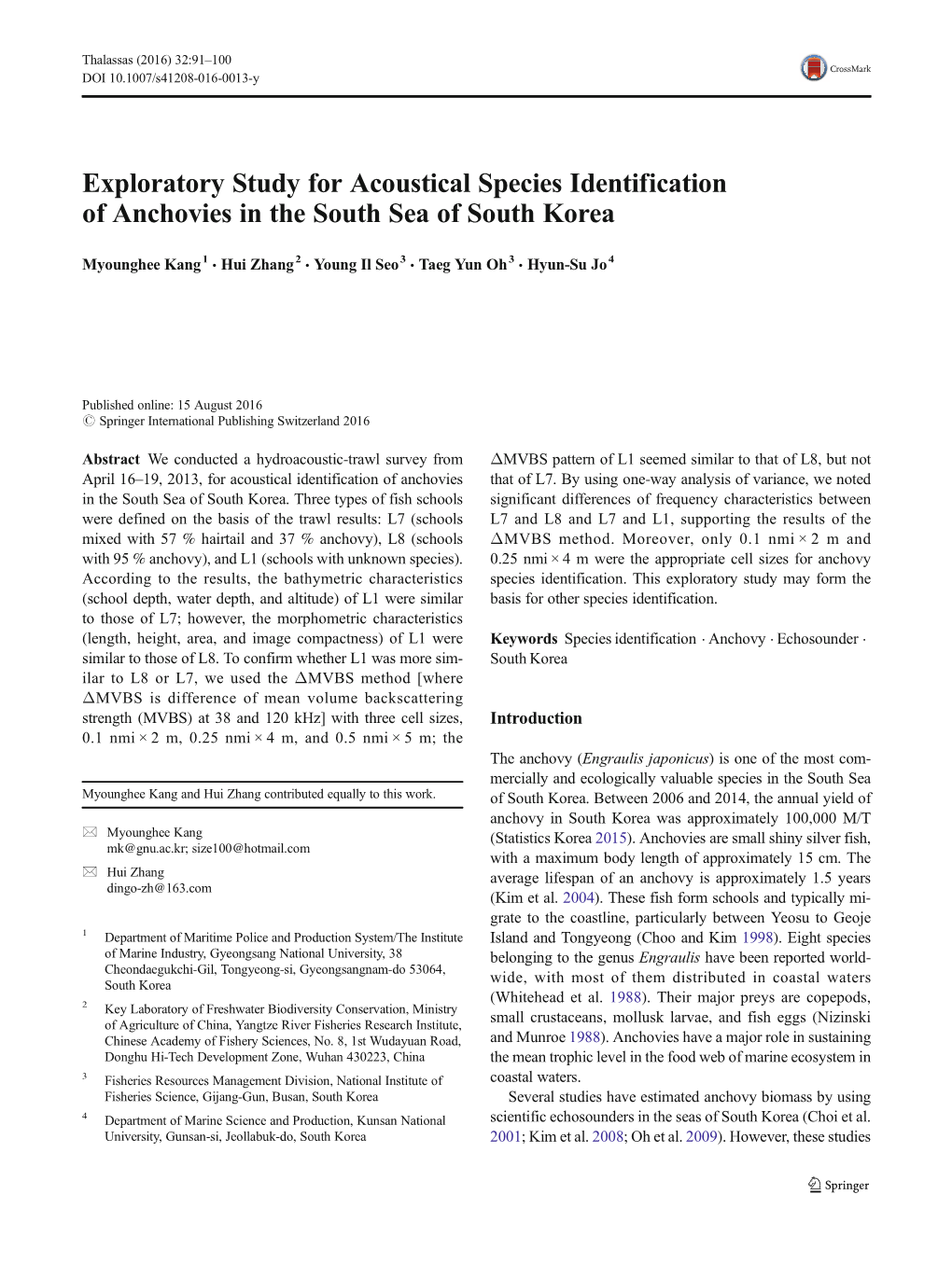 Exploratory Study for Acoustical Species Identification of Anchovies in the South Sea of South Korea