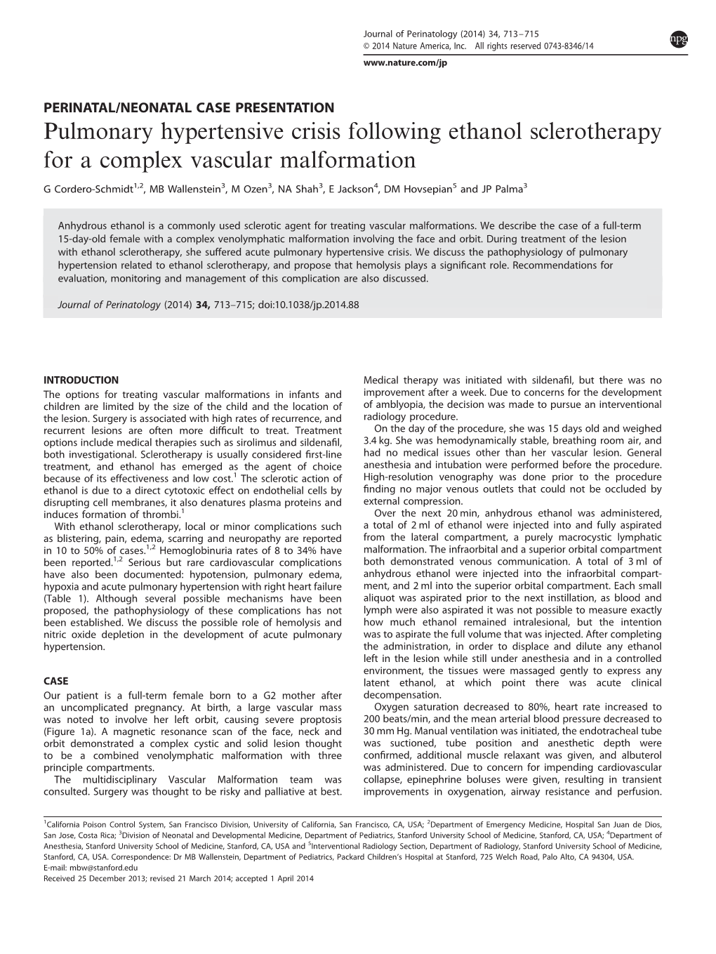 Pulmonary Hypertensive Crisis Following Ethanol Sclerotherapy for a Complex Vascular Malformation