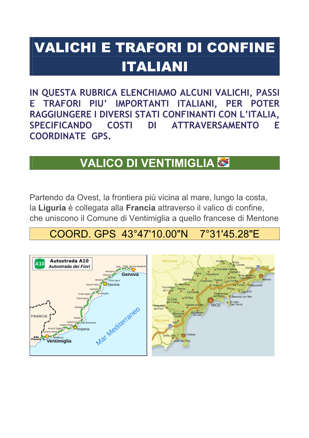 Valichi E Trafori Di Confine Italiani