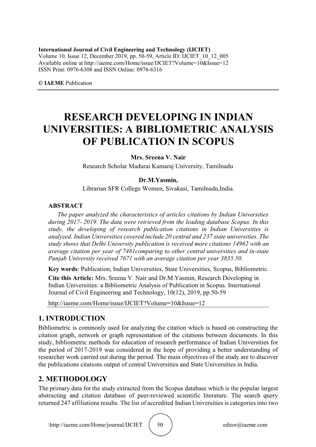 Research Developing in Indian Universities: a Bibliometric Analysis of Publication in Scopus