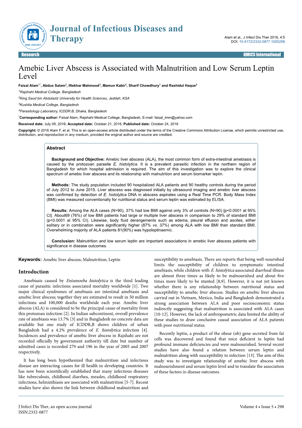 Amebic Liver Abscess Is Associated with Malnutrition and Low