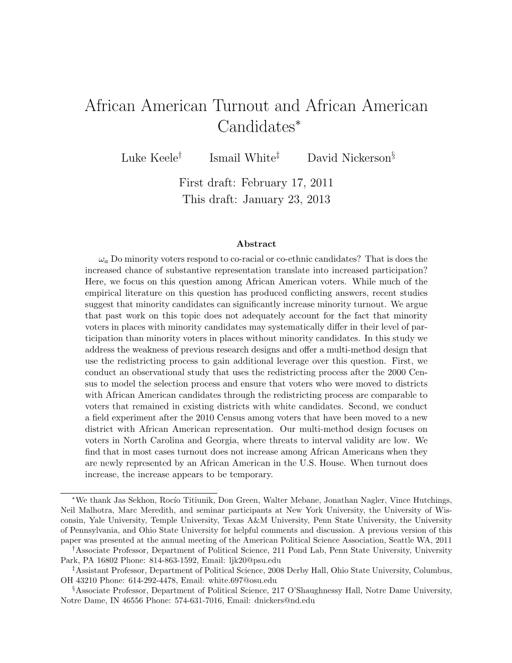 African American Turnout and African American Candidates∗