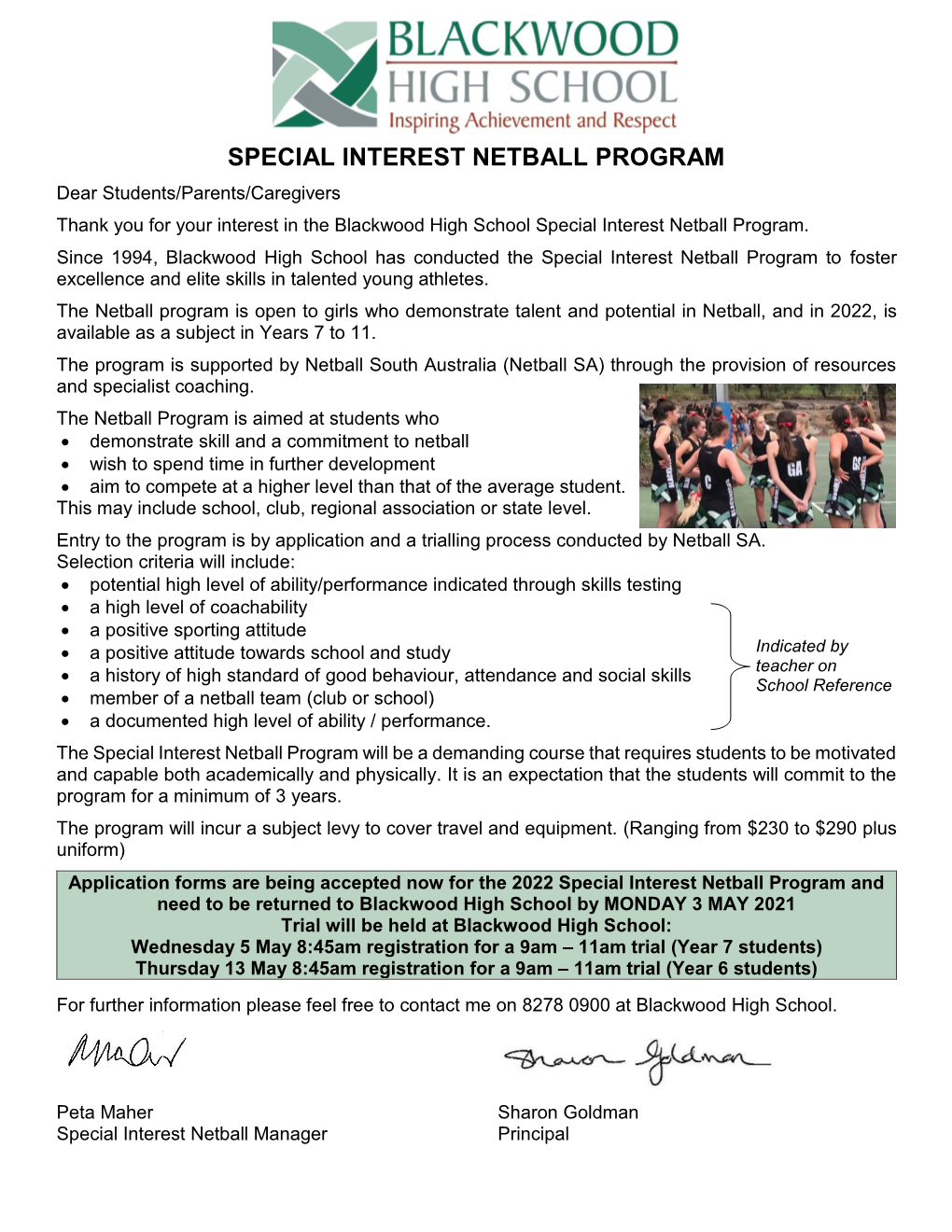 Special Interest Netball Program