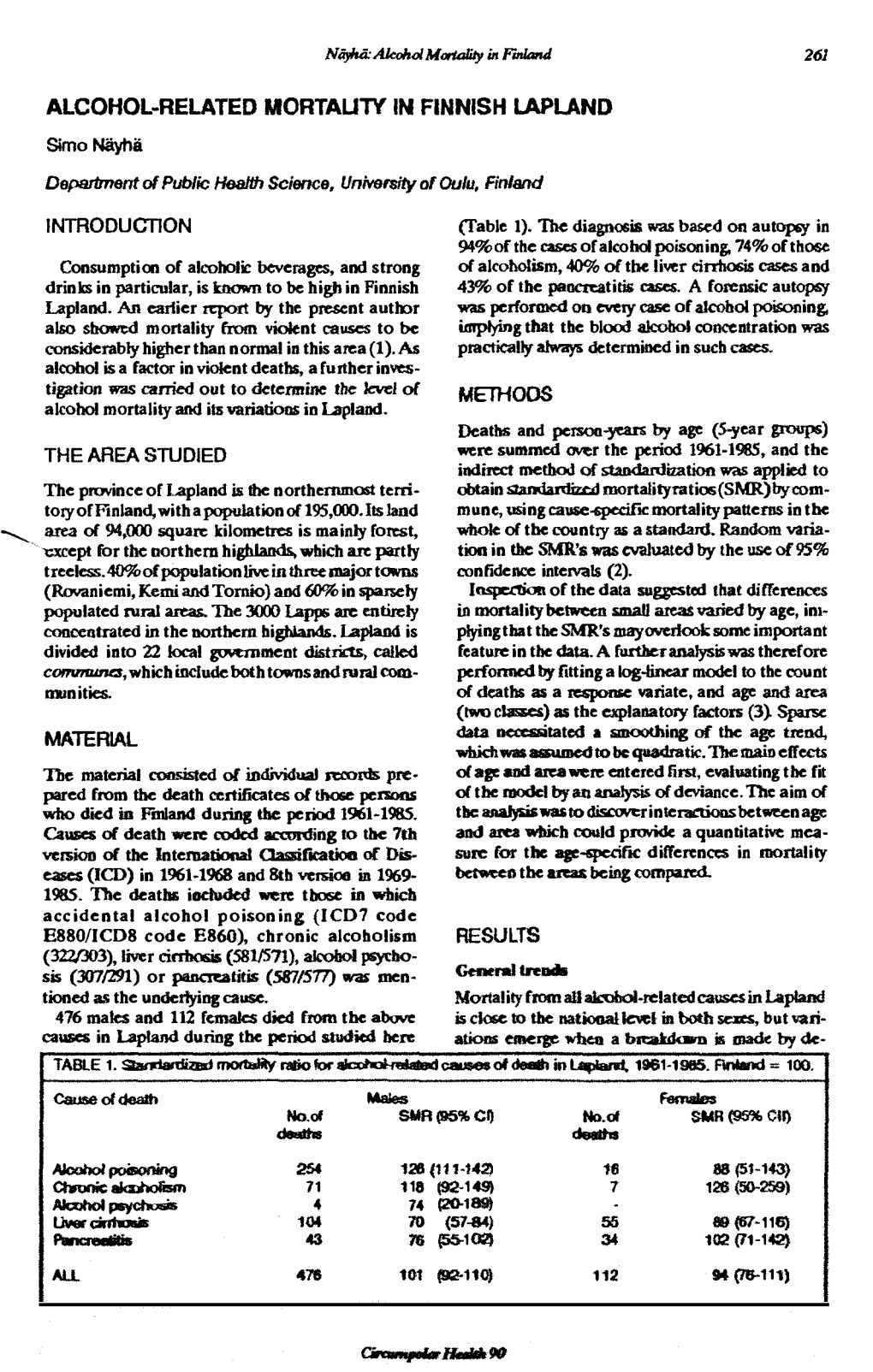 Alcohol-Related Mortality in Finnish Lapland Methods