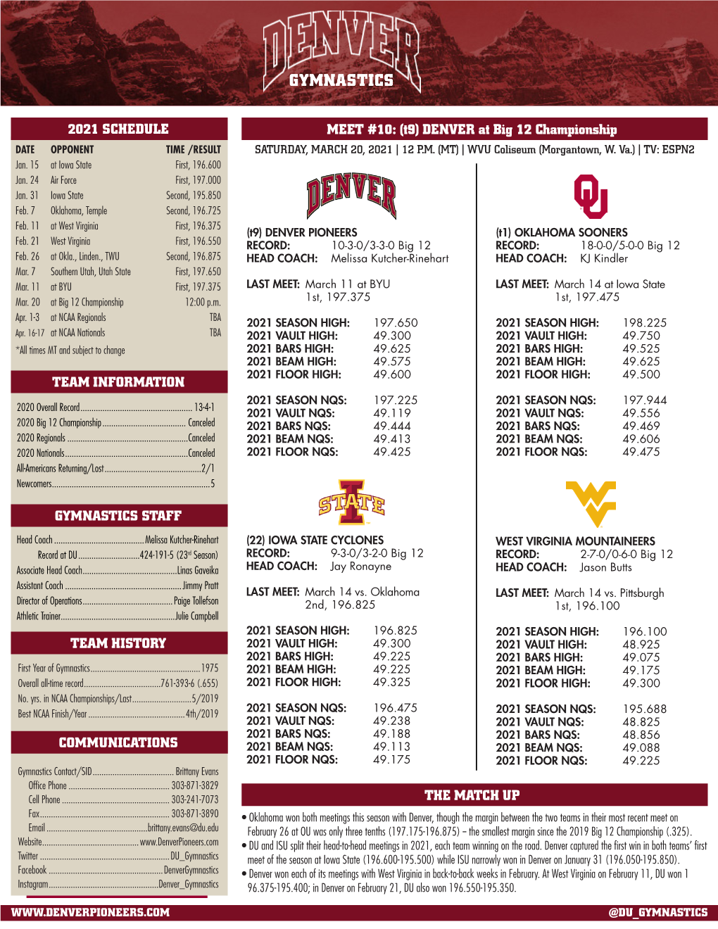 2021 SCHEDULE MEET #10: (T9) DENVER at Big 12 Championship DATE OPPONENT TIME /RESULT SATURDAY, MARCH 20, 2021 | 12 P.M