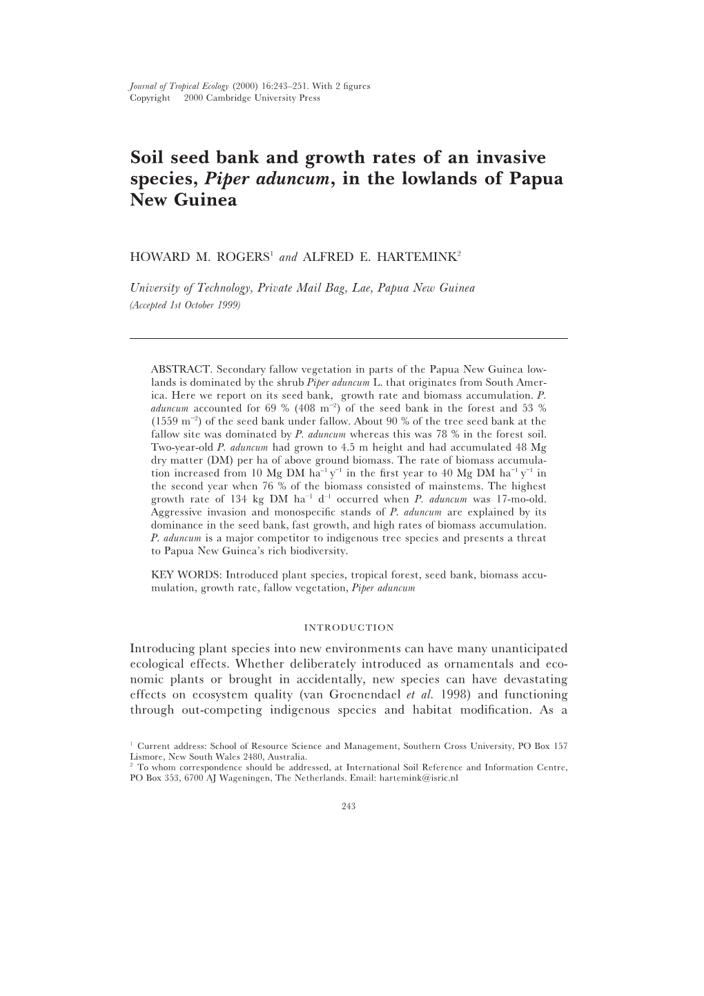 Soil Seed Bank and Growth Rates of an Invasive Species, Piper Aduncum, in the Lowlands of Papua New Guinea