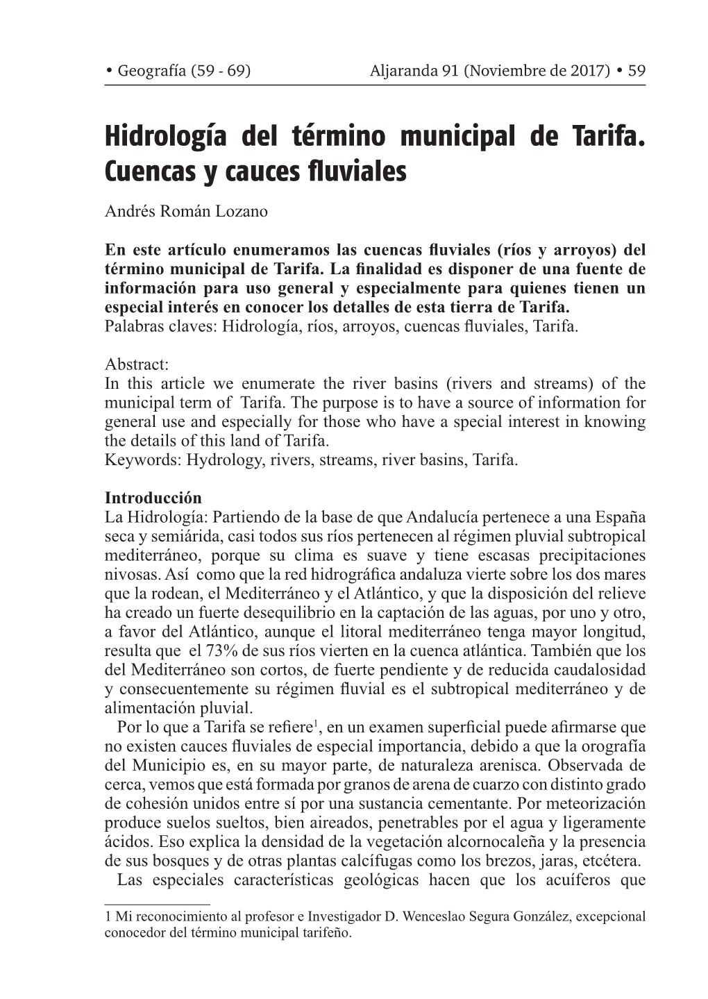 Hidrología Del Término Municipal De Tarifa. Cuencas Y Cauces Fluviales Andrés Román Lozano