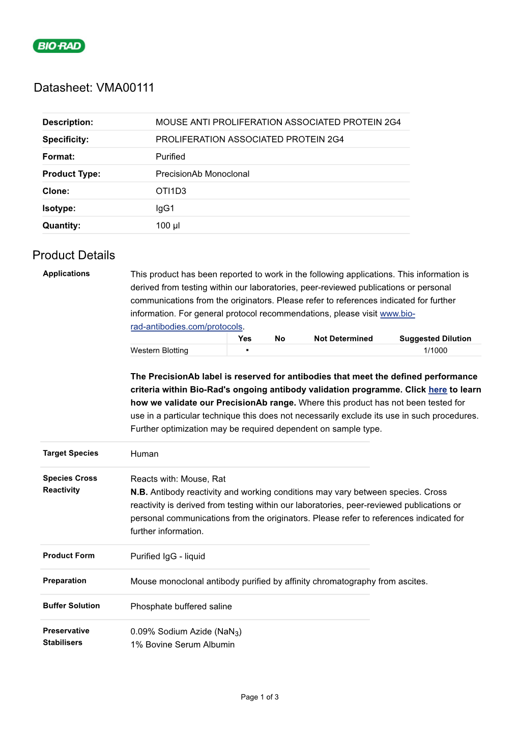 Datasheet: VMA00111 Product Details