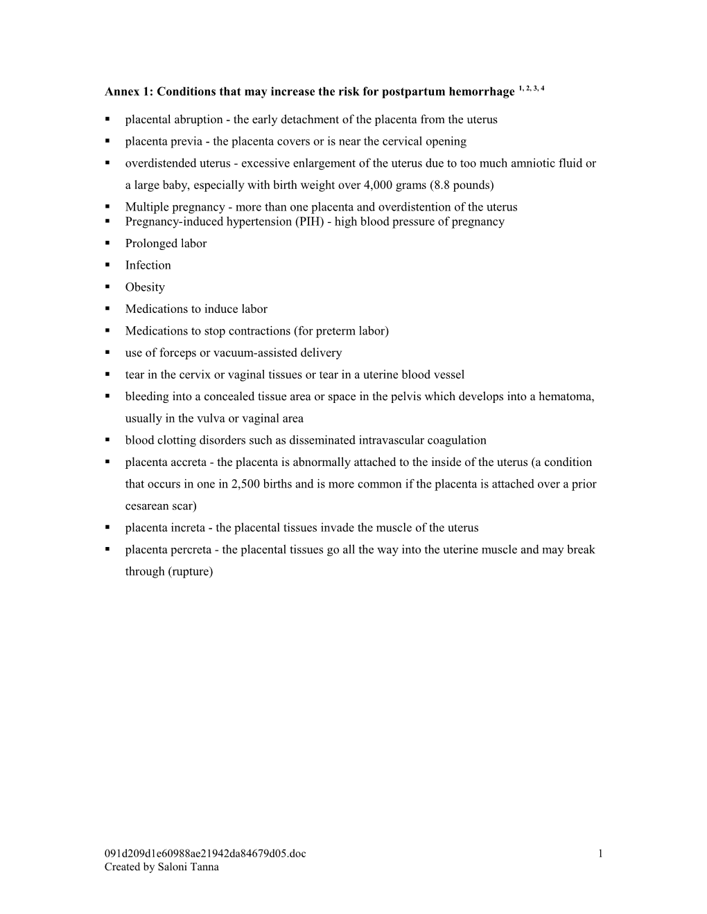 Annex 1: Conditions That May Increase the Risk for Postpartum Hemorrhage